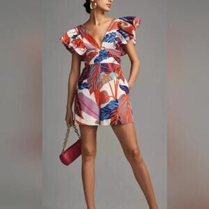 Anthropologie Hutch Printed Ruffle Sleeve tropical leaves Romper US 10